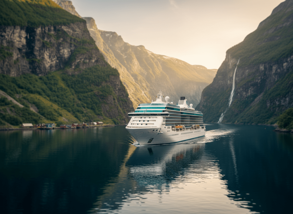 A gleaming white cruise ship with playful teal accents glides through a narrow Norwegian fjord, its curved hull reflected crisply in glassy, dark-blue water. Towering cliffs coated in lush green moss and streaks of gray rock rise dramatically on both sides, dotted with tiny, colorful boathouses in the distance. Soft golden hour sunlight spills into the fjord, illuminating delicate mist hovering near cascading waterfalls. Photographic realism with vibrant, saturated colors, captured from a slightly elevated angle to emphasize depth and scale. The mood is adventurous yet serene, with sharp focus on the ship and a gentle bokeh softening the far cliffs, creating an inviting hero image for a playful Norway cruise blog.