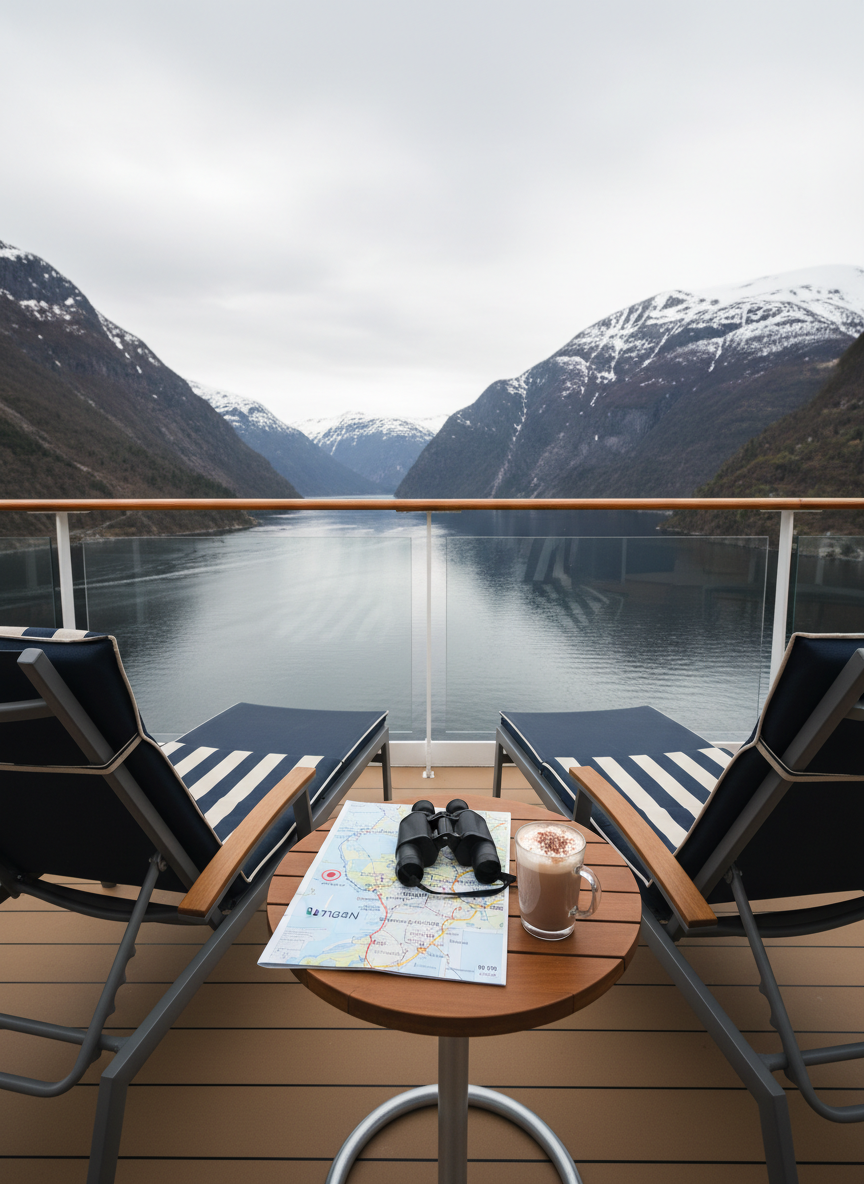 A cozy outdoor deck scene on a modern cruise ship, featuring a pair of empty navy-blue deck chairs with striped cushions facing an expansive view of a Norwegian fjord. A small round table between them holds a map of Norway, a pair of binoculars, and a half-finished hot chocolate in a clear glass mug. The horizon reveals rolling mountains capped with late-spring snow, under soft overcast light that diffuses evenly, minimizing harsh shadows. Photographic realism with a playful touch, shot at eye level using the rule of thirds to frame deck details against the dramatic landscape. The atmosphere feels inviting and adventurous, as if pausing mid-exploration to soak in the scenery.