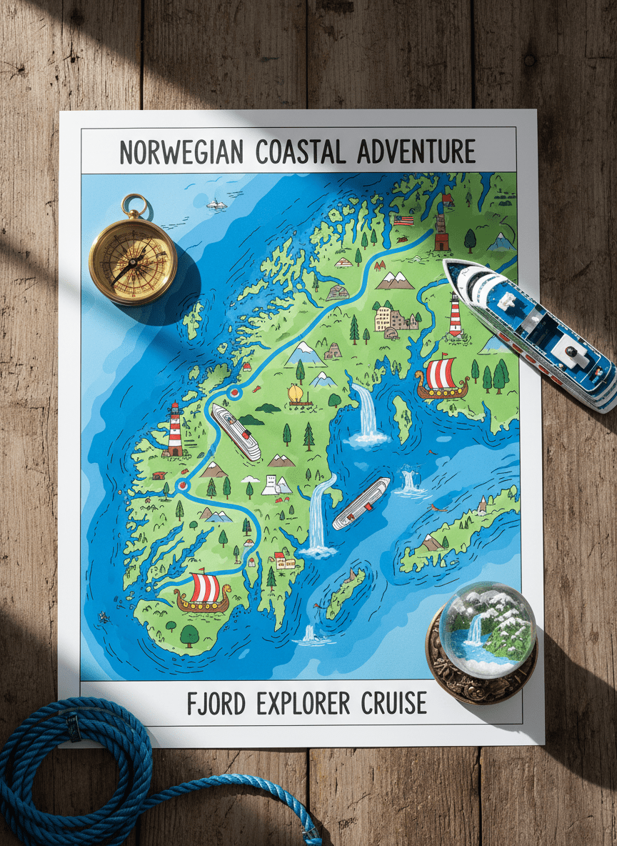 A brightly colored, detailed map-style flat lay of a Norway cruise route arranged on a rustic wooden table. A large illustrated map of the Norwegian coastline lies in the center, with playful icons marking fjords, tiny cruise ships, lighthouses, and Viking ships. Around it are scattered nautical items: a brass compass, a coiled blue rope, a miniature cruise ship model, and a small snow globe containing a fjord landscape. Soft window light from the left casts gentle, natural shadows, highlighting the textures of paper and wood. Photographic realism with vibrant, whimsical elements, shot from a bird’s-eye view with sharp focus throughout, creating an energetic, fun planning vibe perfect for a playful travel blog.