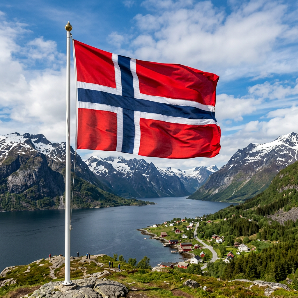 Norwegian flag on a pole overlooking fjord with mountains and village