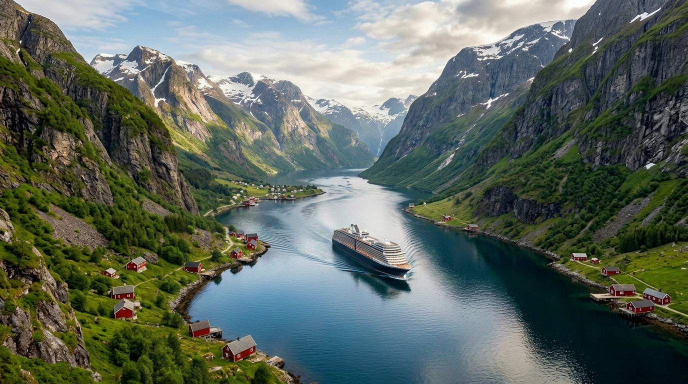 Cruise ship traveling through a calm fjord with mountainous terrain and small red houses along the shore